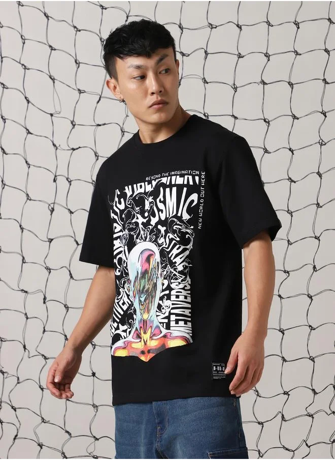 هوبرهولمي Men's Black 100% Cotton Printed Relaxed Fit T-Shirt