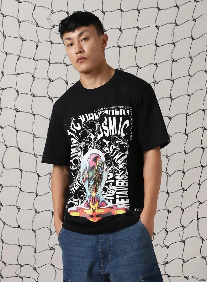 Hubberholme Men Futuristic Printed Oversized Fit T-Shirt