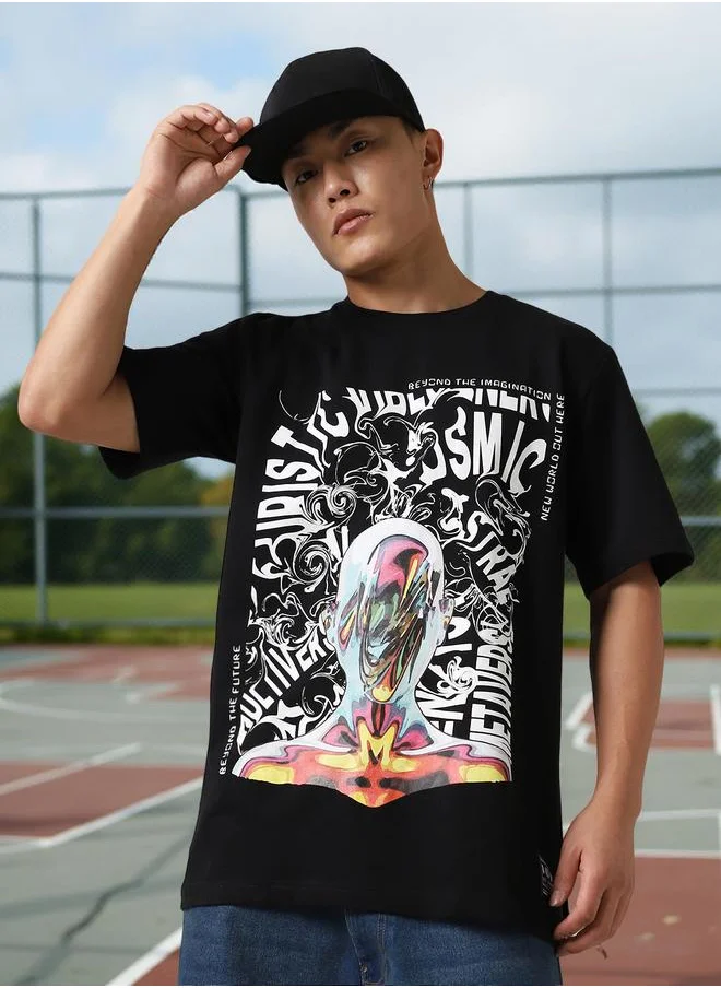 هوبرهولمي Men's Black 100% Cotton Printed Relaxed Fit T-Shirt