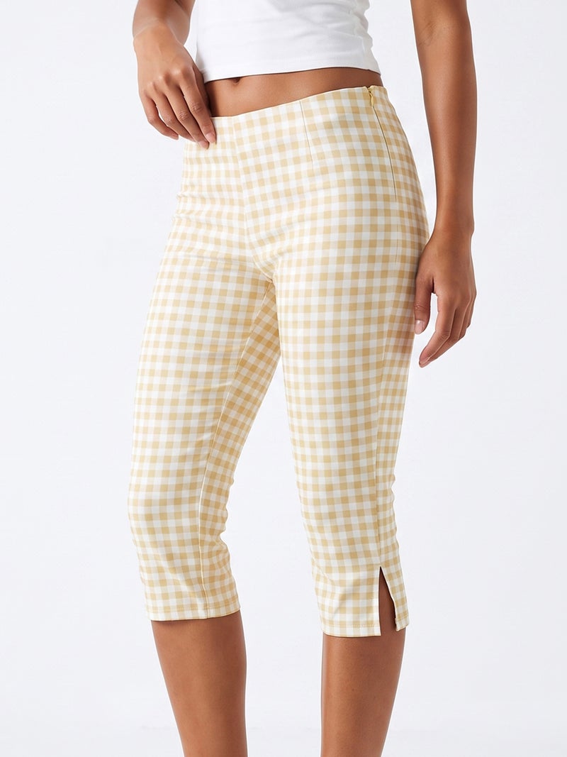 Women Capri Pants, Elegant 3/4 Length Plaid Slit Cropped Pants Streetwear - Image 4