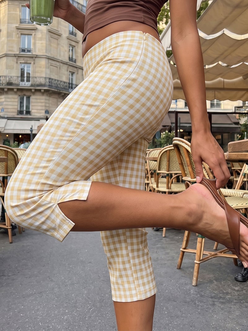 Women Capri Pants, Elegant 3/4 Length Plaid Slit Cropped Pants Streetwear - Image 3