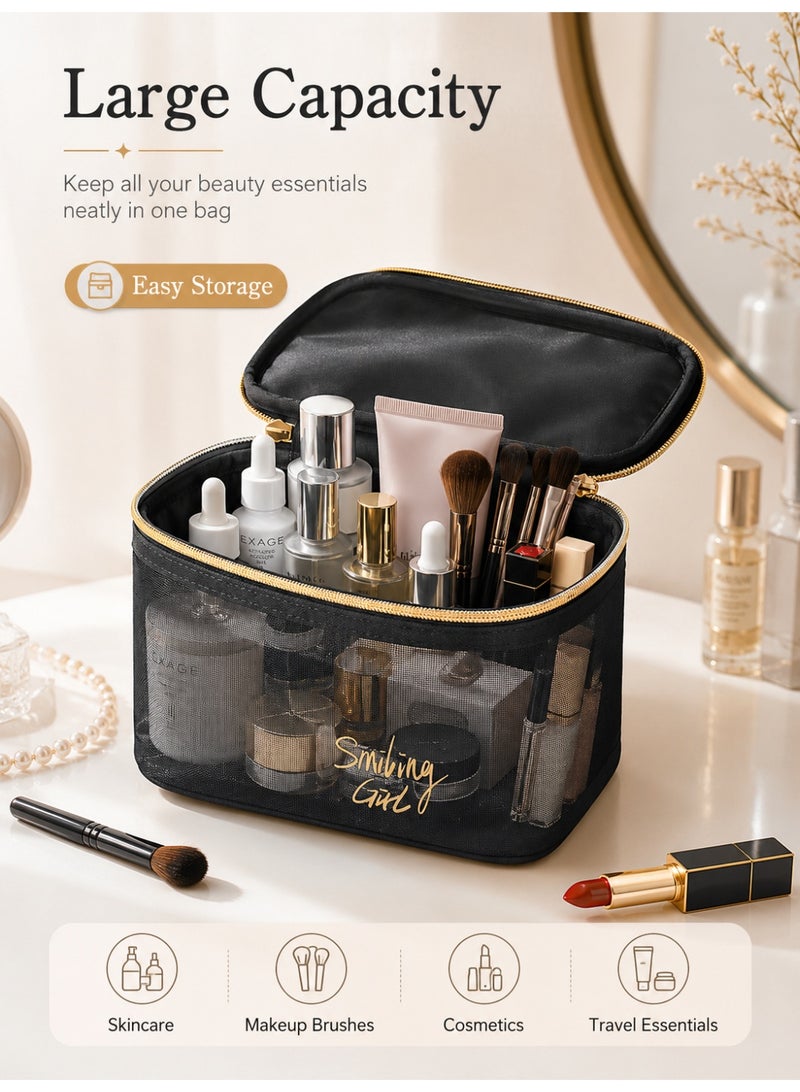 Black Large Capacity Makeup Bag, Mesh Cosmetic Organizer Pouch with Zipper for Travel and Home Storage - Image 4