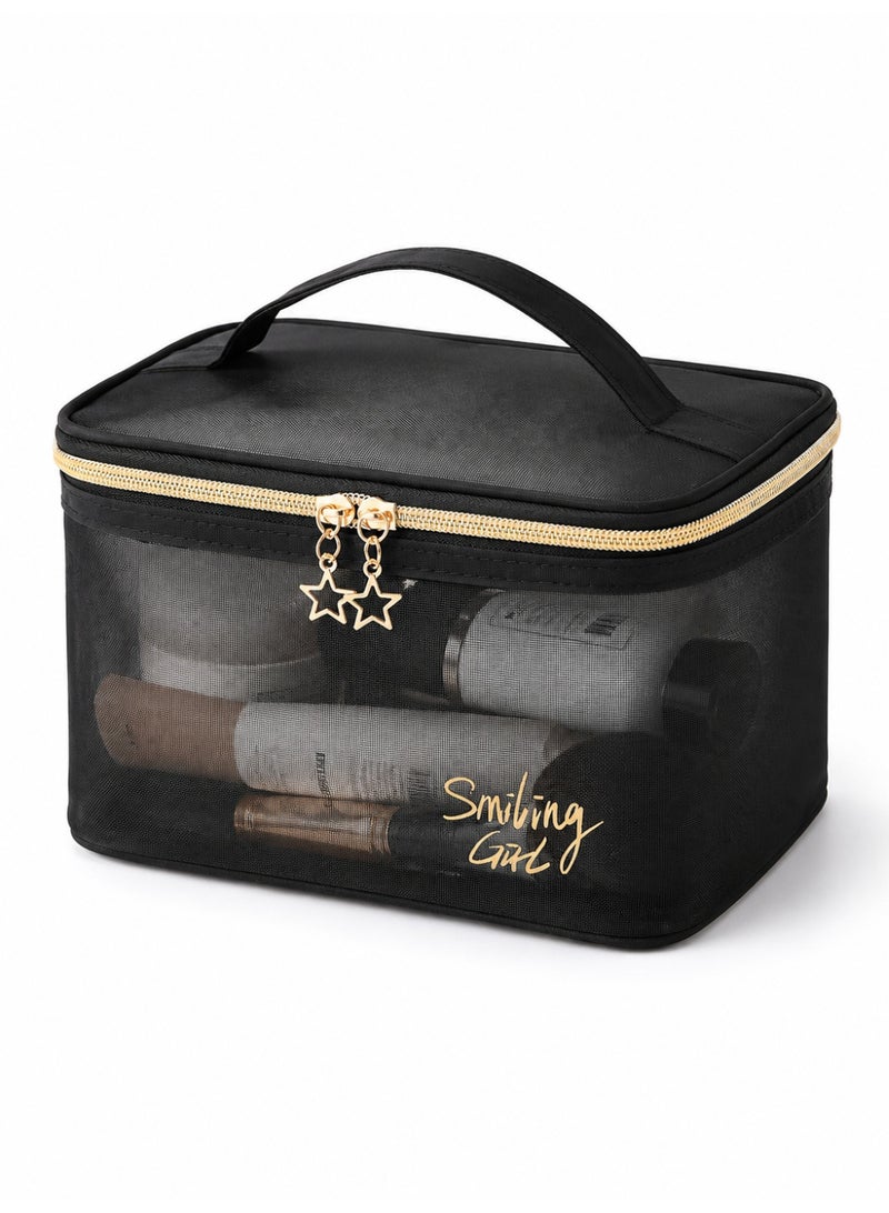 Black Large Capacity Makeup Bag, Mesh Cosmetic Organizer Pouch with Zipper for Travel and Home Storage - Image 1