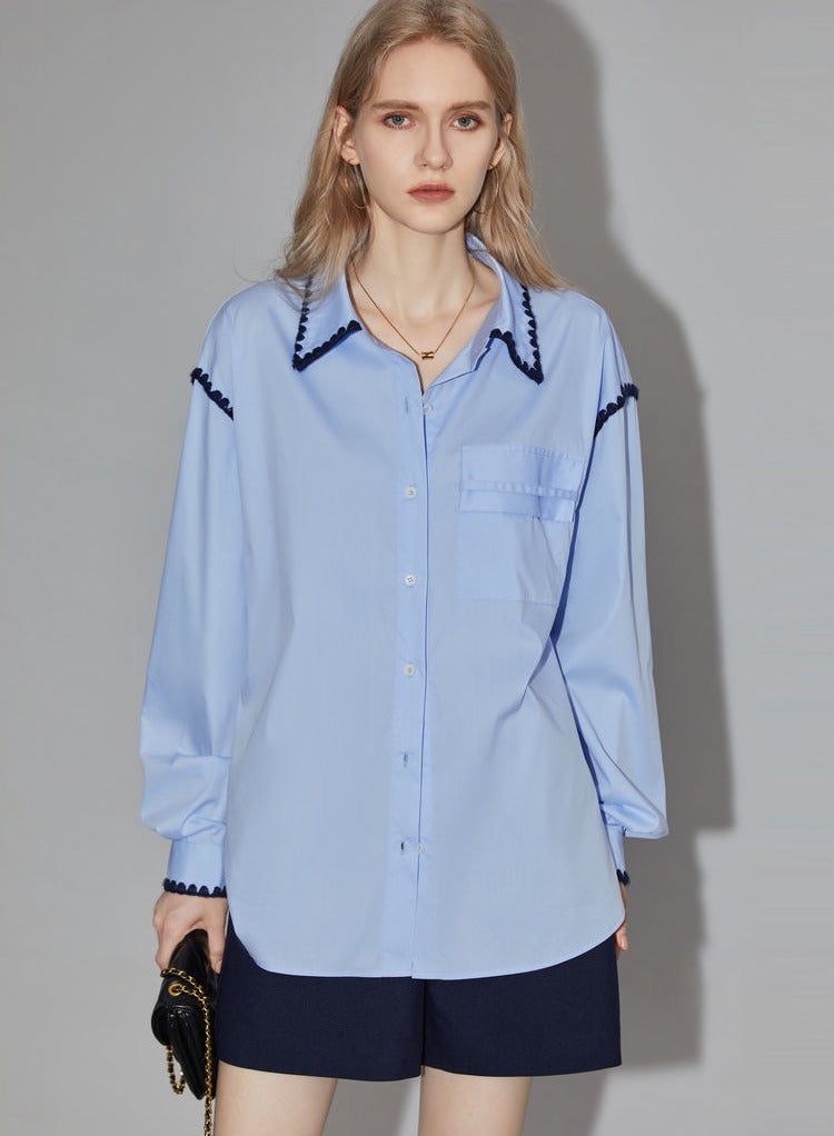 Women's long sleeved shirt top with pleated ribbon design and collar - Image 4