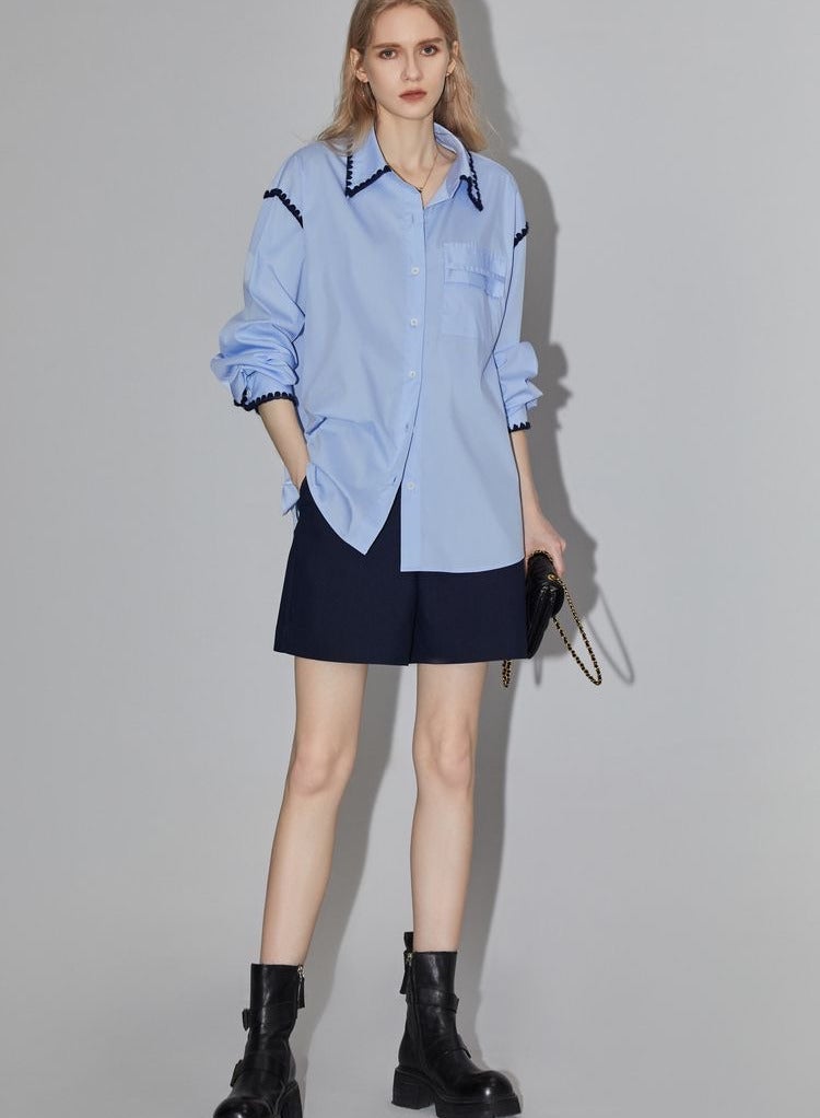 Women's long sleeved shirt top with pleated ribbon design and collar - Image 5