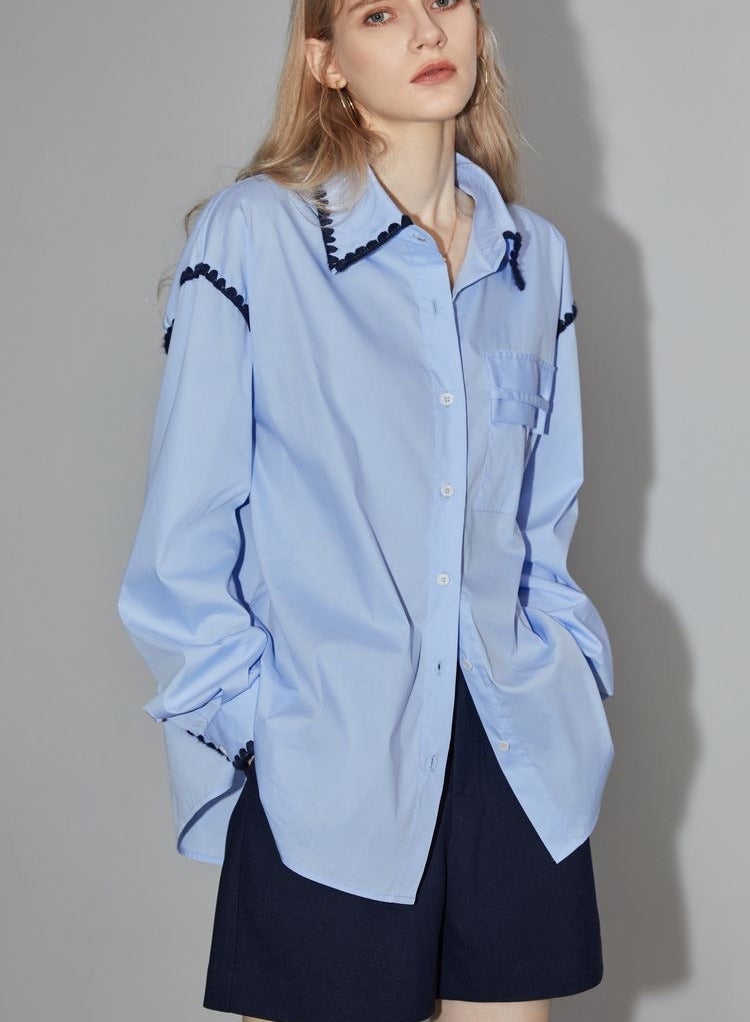 Women's long sleeved shirt top with pleated ribbon design and collar - Image 1