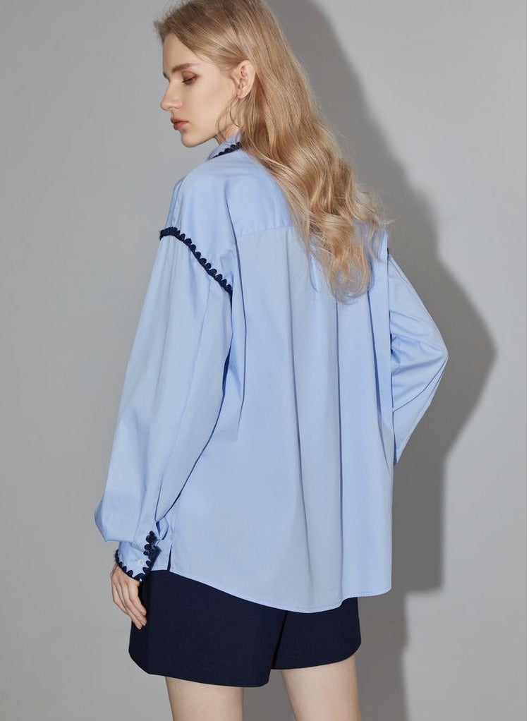 Women's long sleeved shirt top with pleated ribbon design and collar - Image 2