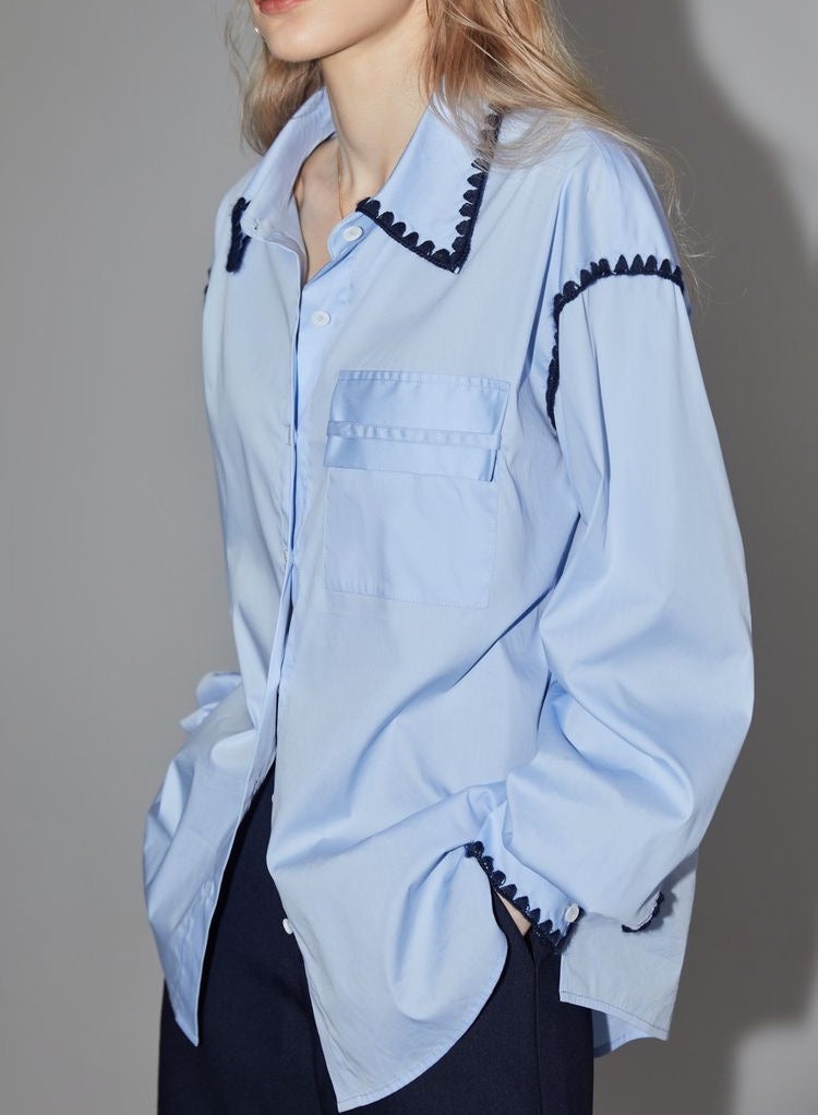 Women's long sleeved shirt top with pleated ribbon design and collar - Image 3