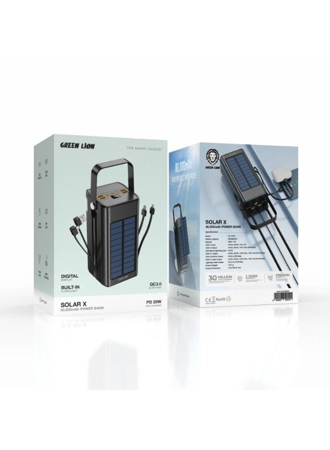 GREEN LION 80000mAh Solar X Power Bank PD 20W, Solar PowerBank with BuiltIn Cables (USB-A/2xUSB-C/Lightning) & Flashlight, USB-C & Lightning Input & Output, 4xUSB-A & 1xUSB-Micro Outputs, Digital Display, Portable Handle, Portable Power Station Ideal for Camping, Hiking and Outdoor Long Adventures - Black - Image 3