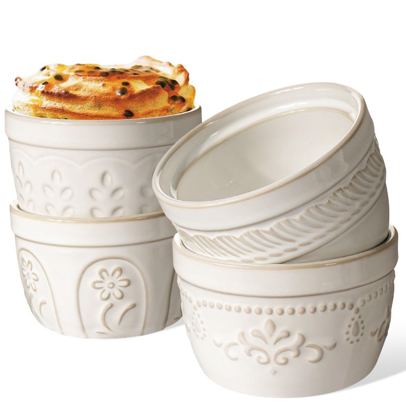 Artena Ramekins Oven Safe Creme Brulee Ramekins Embossed White Ceramic Ramiken Souffle Pudding Custard Cups Baking Dish Dipping Bowls Sauce Cups Set Of 4 Multiple Patterns 8 oz