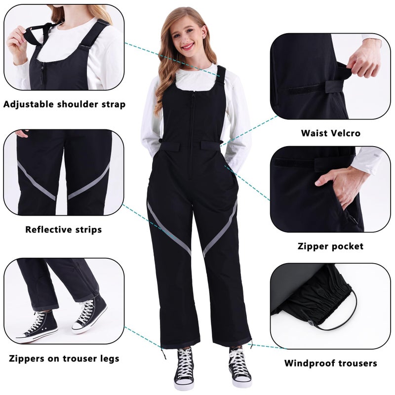 Tearom Womens Bib Snow Pants Women Ski Bib Insulated Snow Bib Overalls Windproof Waterproof Ski Pants (XL, Soft, Black) - Image 5