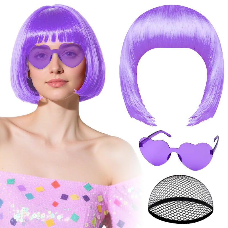 PLULON Light Purple Bob Wig with Heart Sunglasses Hair Cap, Colorful Short Bob Wigs Synthetic Party Wigs Funny Cosplay Hairpieces for Women Men Daily Bachelorette Halloween Costume Party Decorations - Image 1