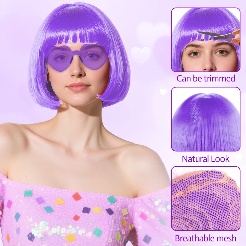 PLULON Light Purple Bob Wig with Heart Sunglasses Hair Cap, Colorful Short Bob Wigs Synthetic Party Wigs Funny Cosplay Hairpieces for Women Men Daily Bachelorette Halloween Costume Party Decorations - Image 3
