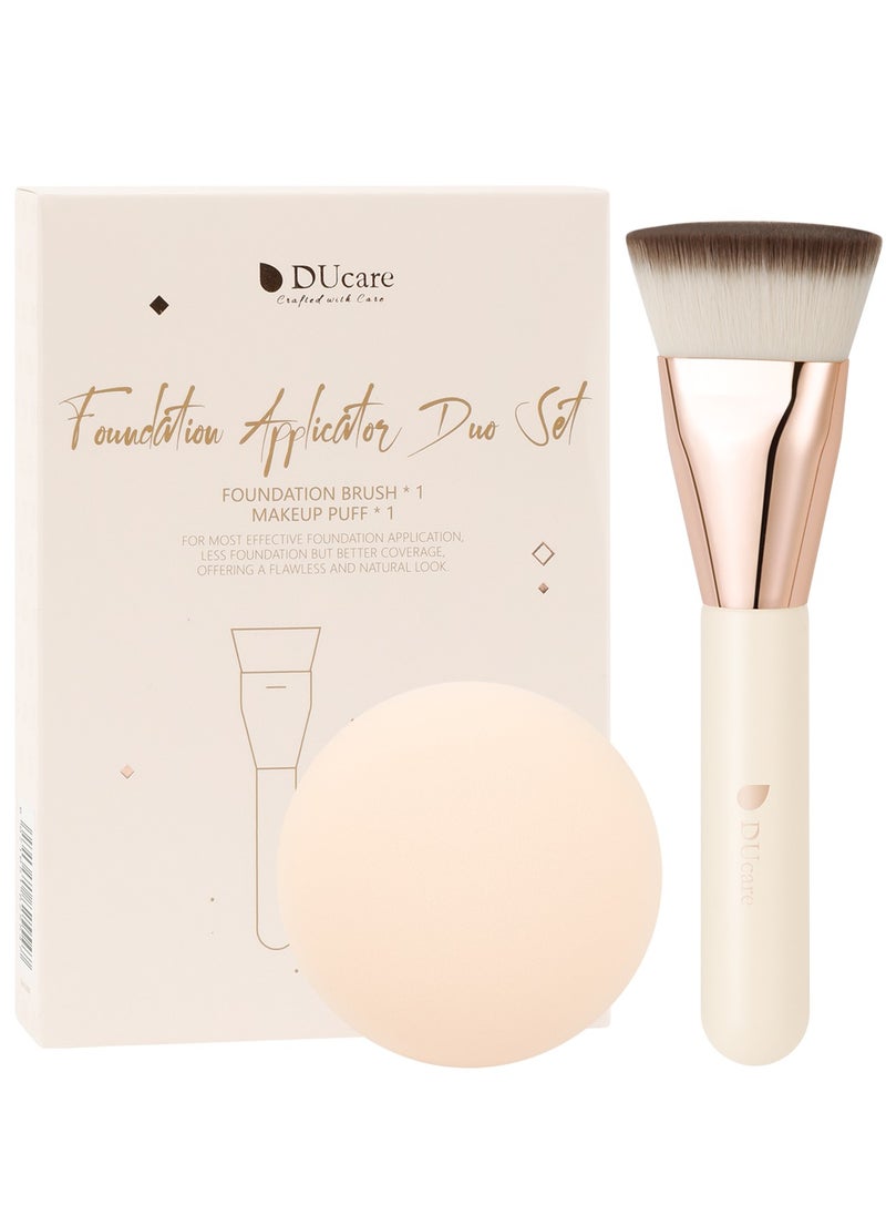DUcare DUcare Professional Flat Top Kabuki Brush with Puff - Vegan Liquid Foundation & Powder Brush with Luxury Gift Box  - Image 1