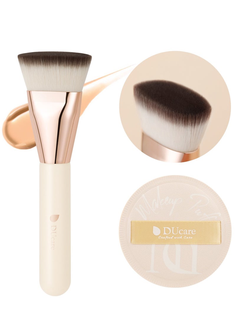 DUcare DUcare Professional Flat Top Kabuki Brush with Puff - Vegan Liquid Foundation & Powder Brush with Luxury Gift Box - Image 1