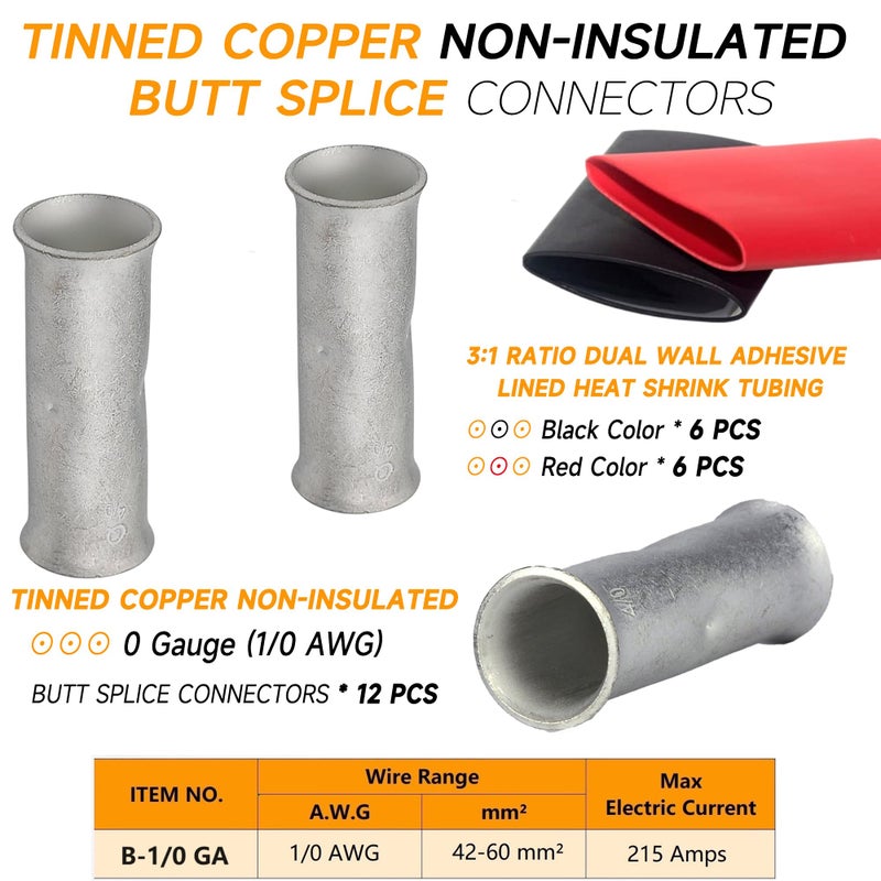 SVAAR 0 Gauge Flared Barrel Butt Splice Connectors Kit 12PCS 1/0 AWG Non-Insulated Butt Connectors Tinned Copper Marine Grade Flared Compression Butt Splices Crimp Butt Terminals + 12PCS Heat Shrinks - Image 2