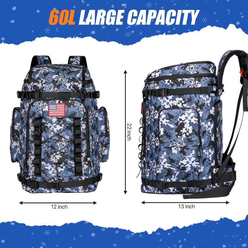 masterwow Ski Boot Bag Backpack, 60L Ski Boot Bag Waterproof Travel Backpack for Ski Snowboard Boot and Helmet (Blue Camo) - Image 5
