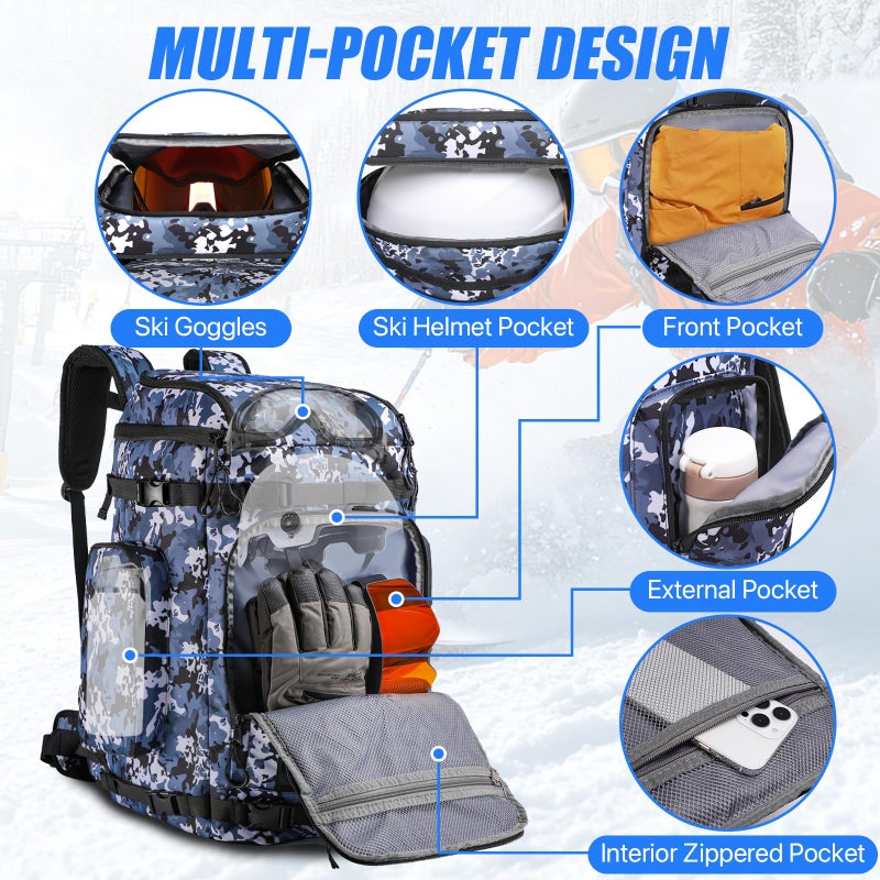 masterwow Ski Boot Bag Backpack, 60L Ski Boot Bag Waterproof Travel Backpack for Ski Snowboard Boot and Helmet (Blue Camo) - Image 3