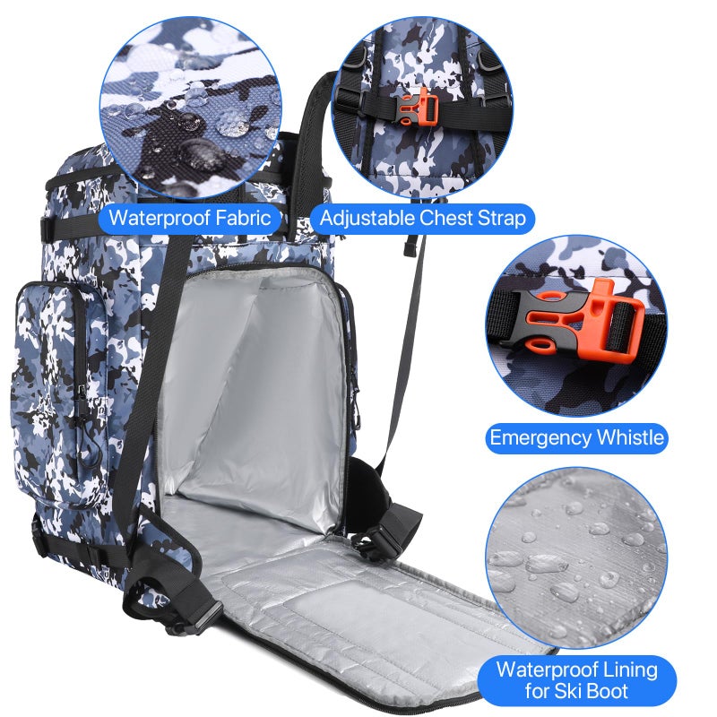 masterwow Ski Boot Bag Backpack, 60L Ski Boot Bag Waterproof Travel Backpack for Ski Snowboard Boot and Helmet (Blue Camo) - Image 4