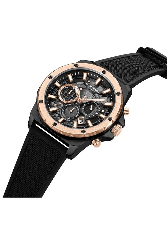 Kenneth Cole New York Hollis Black Dial Black Silicone-Nylon Strap Chronograph Watch for Men - 45mm