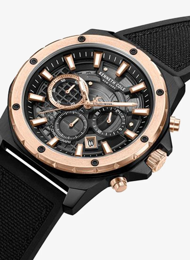 Kenneth Cole New York Hollis Black Dial Black Silicone-Nylon Strap Chronograph Watch for Men - 45mm