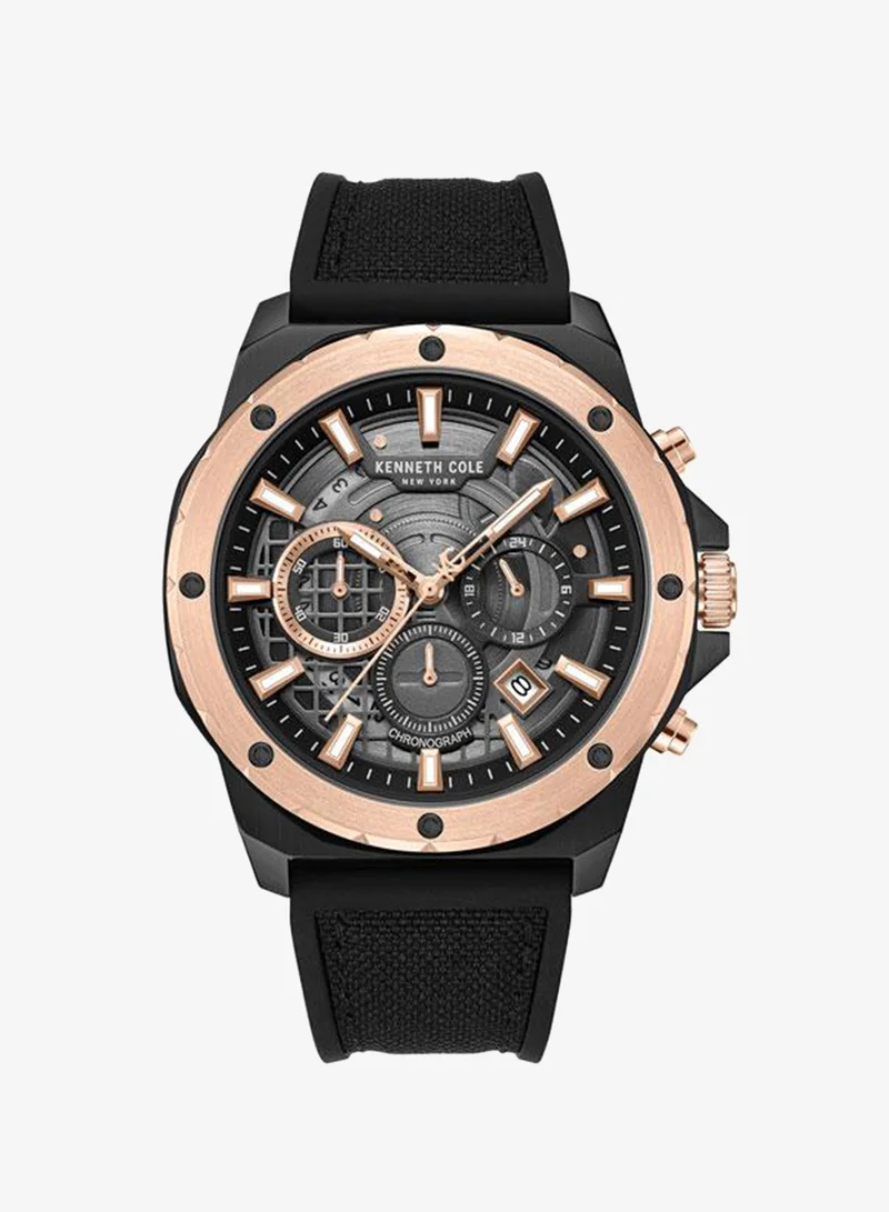 Kenneth Cole New York Hollis Black Dial Black Silicone-Nylon Strap Chronograph Watch for Men - 45mm