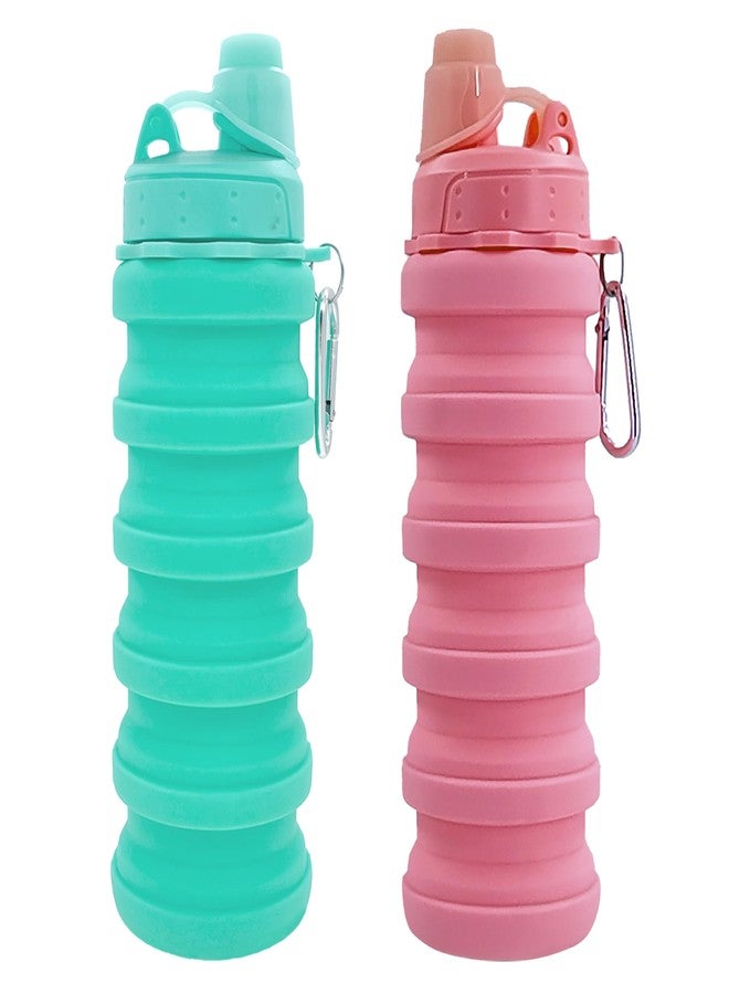 YCTMALL Collapsible Water Bottles Two Pack Travel Sports Portable Sport Water Bottle comes with mountaineering Buckle 507ml silicone Water-proof camping water bottle (Green and Pink Color) - Image 1