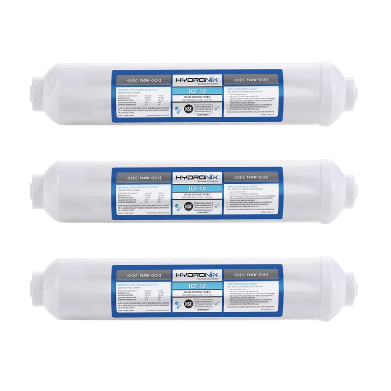 Hydronix ICF10 Inline Post Activated Carbon Water Filter Replacement Cartridge with 14Inch NPT for Refrigerator Ice Maker RO Reverse Osmosis System 2000 Gallons 1 Year Capacity 3 Pack