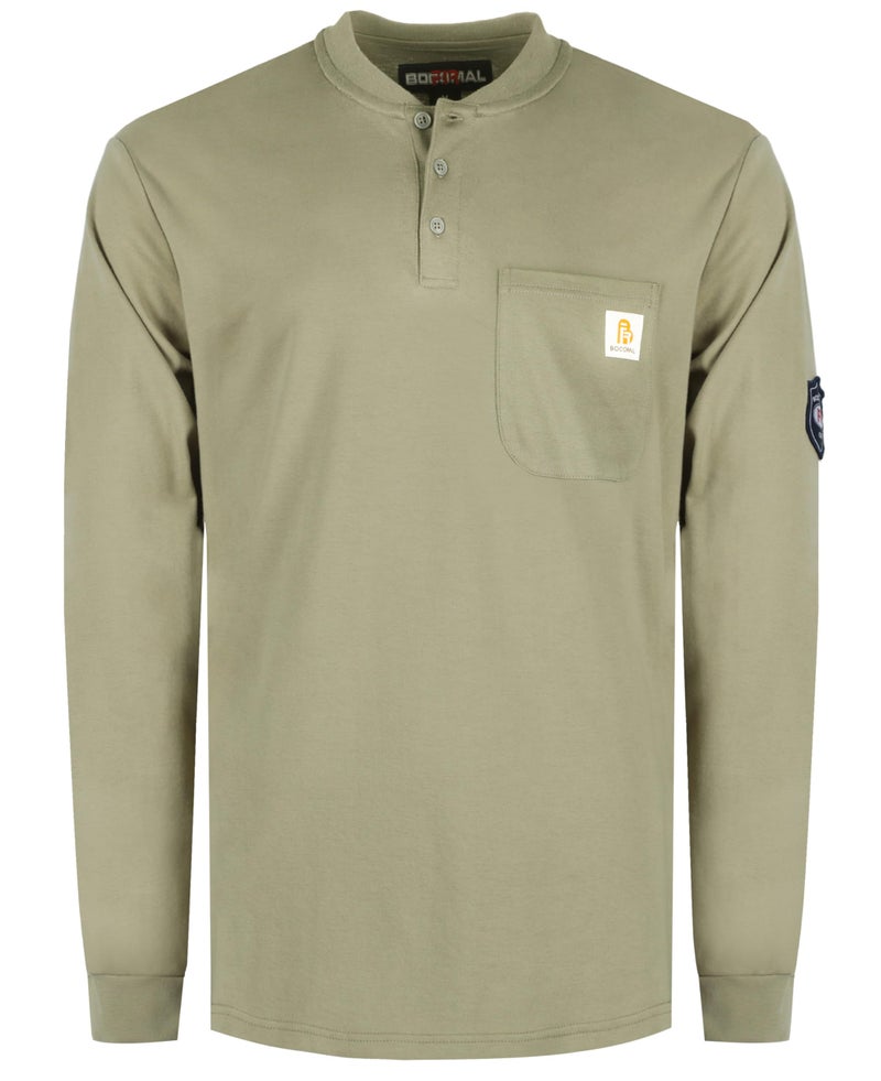 BOCOMAL FR Shirts Flame Resistant Shirt 55oz 100 Cotton Khaki Light Weight CAT2 Fire Retardant Henley Shirts