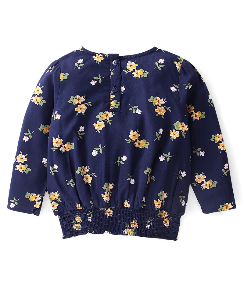 babyhug Babyhug 100% Rayon Full Sleeves Floral Printed Top With Smocking Detailing- Navy Blue