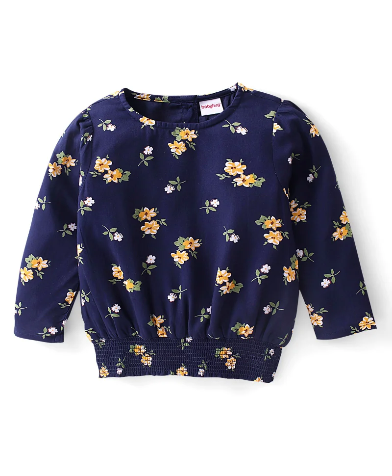 babyhug Babyhug 100% Rayon Full Sleeves Floral Printed Top With Smocking Detailing- Navy Blue