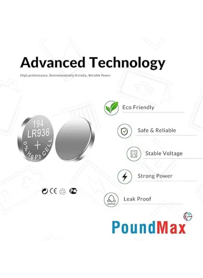 PoundMax 10 x AG9 (LR45, LR936, 394) 1.5V Alkaline Button Batteries | 1 Pack of 10 - Image 3