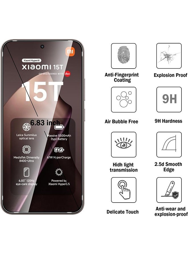 YJS 2 Pcs Xiaomi 15T Pro 5G Screen Protector, 9H Tempered Glass Screen Protector for Xiaomi 15T Pro 5G, Full Coverage Bubble-Free Tempered Film, Anti-Scratch Film - Image 2