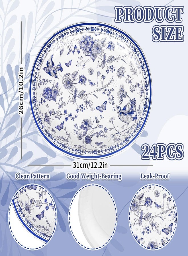 FYSUIMU 24 Pcs Blue White Floral Oval Paper Plates Chinoiserie Flower Bird Disposable Plates 12 x 10 Inch Tableware Plates for Wedding Birthday Bridal Shower Party Supplies - Image 2
