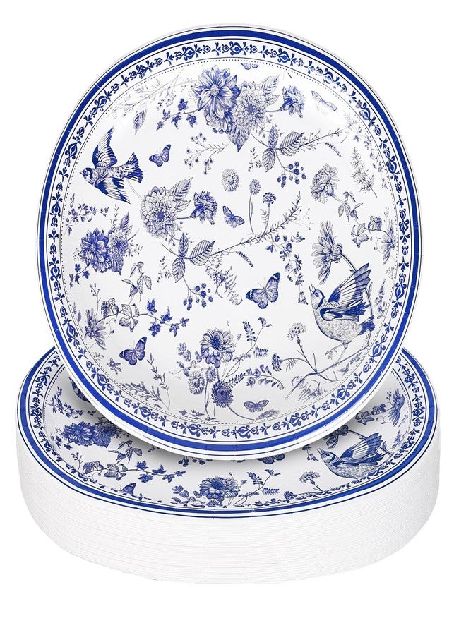 FYSUIMU 24 Pcs Blue White Floral Oval Paper Plates Chinoiserie Flower Bird Disposable Plates 12 x 10 Inch Tableware Plates for Wedding Birthday Bridal Shower Party Supplies - Image 1