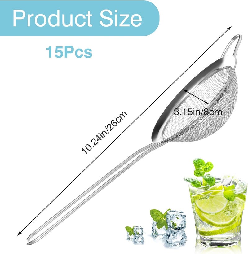 Tobeelec 15 Pcs Stainless Steel Small Strainer, Small Fine Mesh Tea Strainer, Mini Stainless Steel Sieve with Handle, Kitchen Metal Sifter Strainers for Tea, Juicing, Coffee, Cocktail, Powdered Sugar, Matcha - Image 3