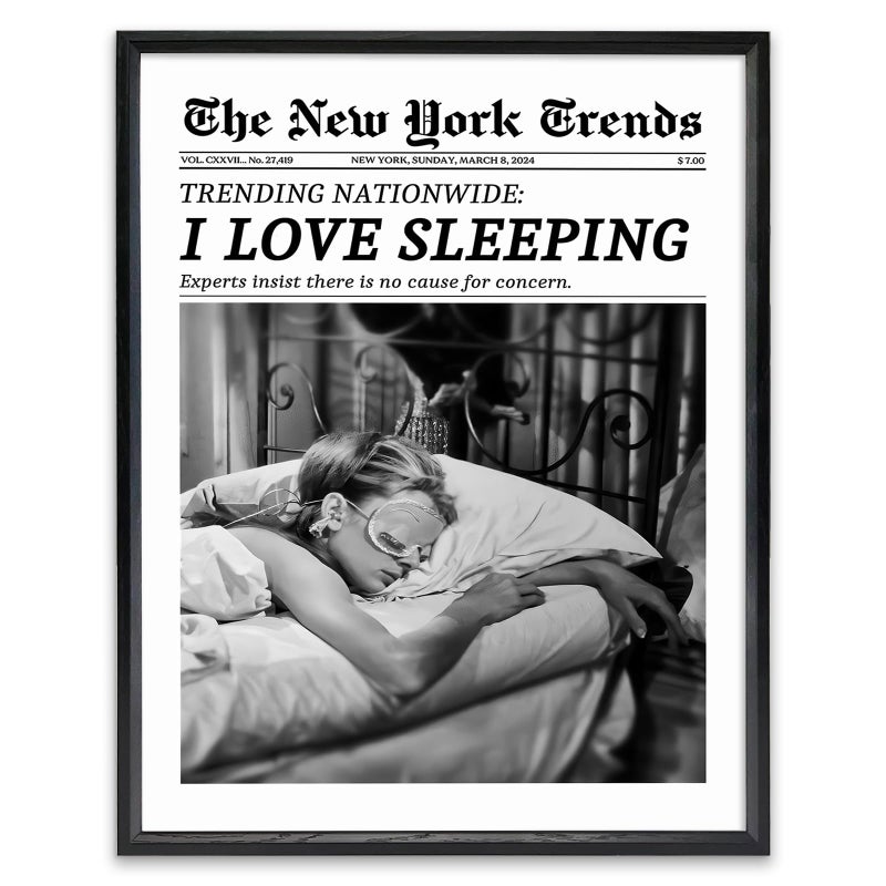 KBKBART Black and White Wall Art I Love Sleeping Funky Girly Room Decor Canvas Prints for Dorm Aesthetic 12x16in Black Frame - Image 1