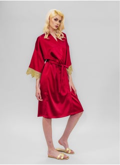 BITOLIA GALLERY Stretch Taffeta Red Robe with Gold Lace  - Image 1