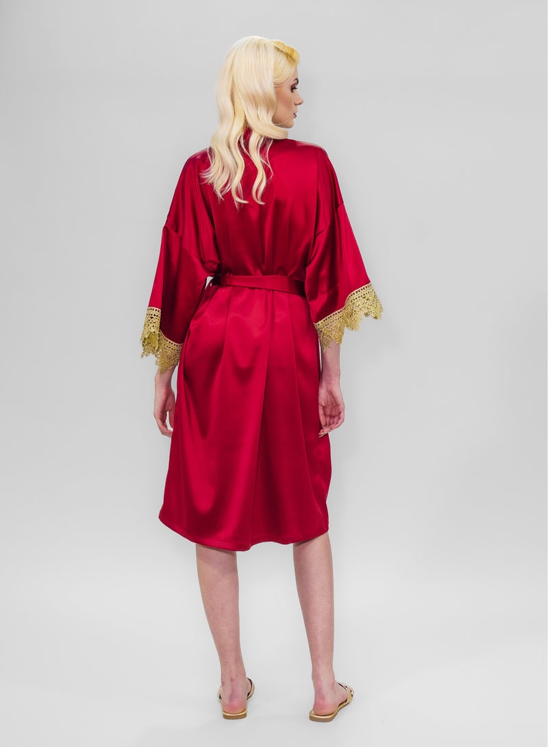BITOLIA GALLERY Stretch Taffeta Red Robe with Gold Lace  - Image 2