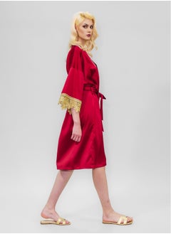 BITOLIA GALLERY Stretch Taffeta Red Robe with Gold Lace  - Image 5