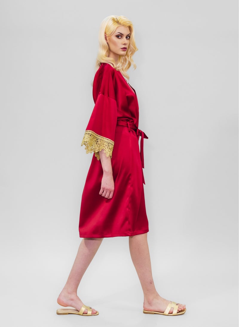BITOLIA GALLERY Stretch Taffeta Red Robe with Gold Lace  - Image 5