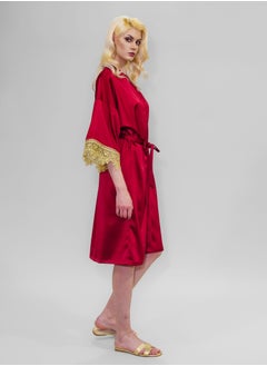 BITOLIA GALLERY Stretch Taffeta Red Robe with Gold Lace  - Image 4