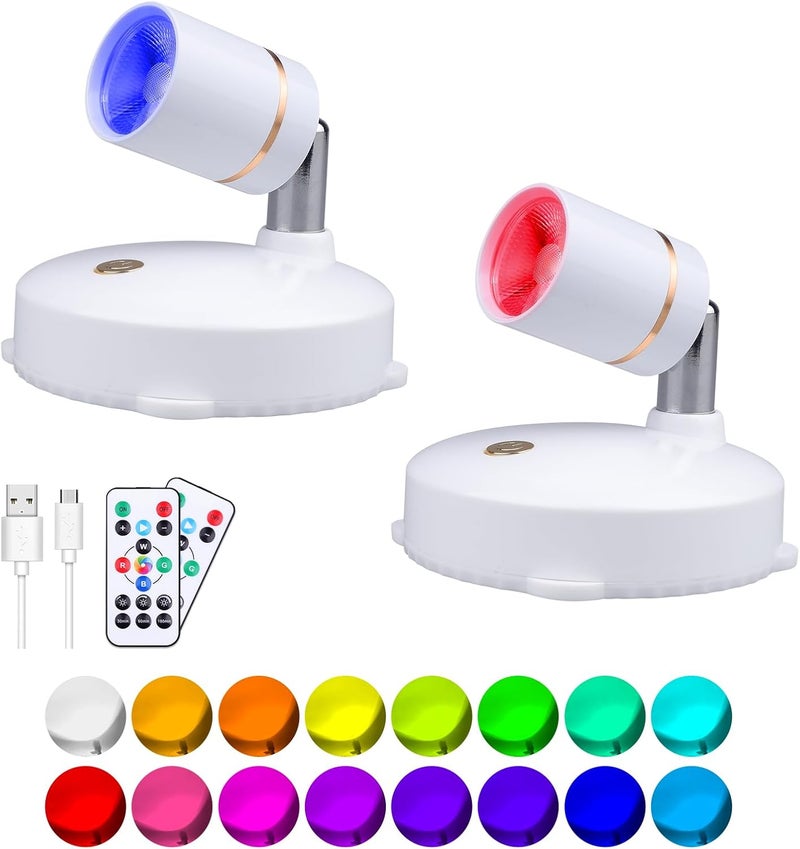 LEASTYLE Focus Lights for Decorations Wireless Rechargeable Spotlight Indoor with Remote,16 Color Changing Spot Light for Pictures On Wall Dimmable White Accent Lighting (2PACK) - Image 1