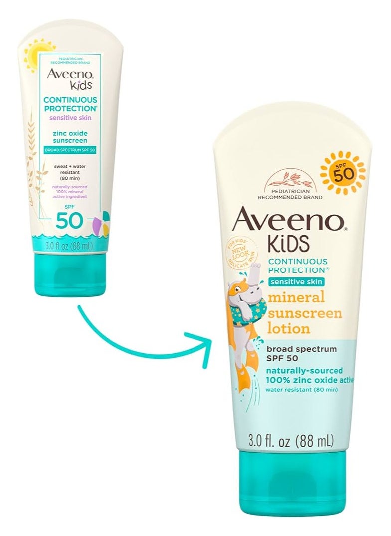 Aveeno Baby - Sunscreen lotion with minerals and zinc oxide for continuous protection for children Broad spectrum protection SPF 50 and sensitive skin formula does not cause tears and is water and sweat resistant - Image 1