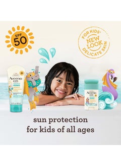 Aveeno Baby Sunscreen lotion with minerals and zinc oxide for continuous protection for children Broad spectrum protection SPF 50 and sensitive skin formula does not cause tears and is water and sweat resistant  - Image 2