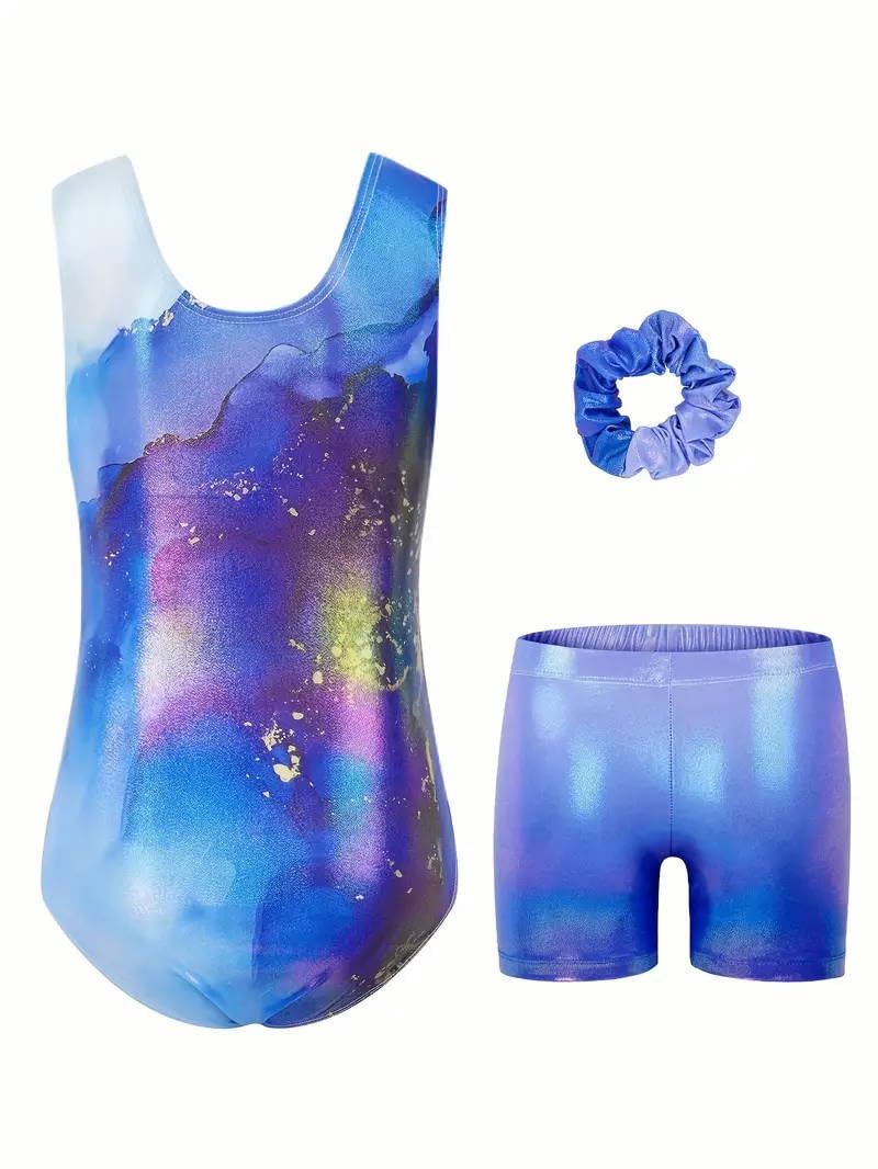 JiAmy Girls Gymnastics Leotards, Glitter Ballet Dance Unitards Biketards Activewear with Short & Hairband for Kids 3-4 Years - Image 2