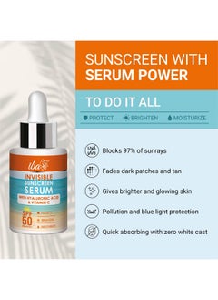 Invisible Sunscreen Serum Spf 50 Pa+++ With Hyaluronic Acid & Vitamin C 30Ml | Protects From Uva & Uvb Rays | Brightens & Moisturizes | Lightweight | No White Cast & Paraben | For All Skin Types - pzsku/ZB96CCC3A323387083A9FZ/45/_/1721722358/3184eddc-d87a-4448-bb2f-73b71497a85b