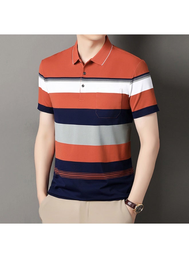 Summer  Cotton Short Sleeve Polo Shirt Men Middle-aged Dad Summer Clothes Stripe Collar Pocket T-shirt - Image 1