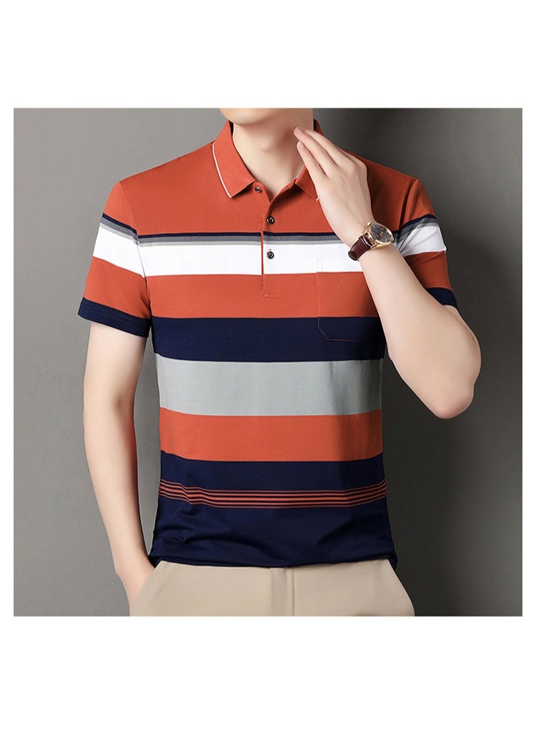 Summer  Cotton Short Sleeve Polo Shirt Men Middle-aged Dad Summer Clothes Stripe Collar Pocket T-shirt - Image 2