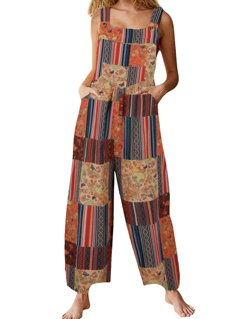 Himosyber Women's Patchwork Dual Pocket Jumpsuit Loose Floral Print Bohemian Wide Leg Bib Overall (RustyOrange-L) - Image 1